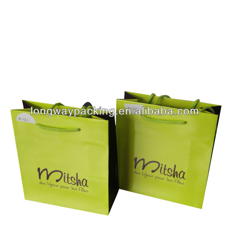 shiny green gift packing paper bags with satin ribbons handles, View