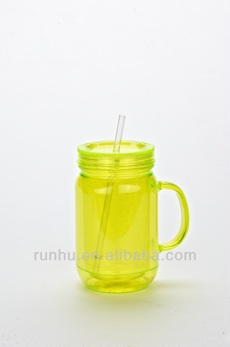 20oz Double Wall Insulated Plastic Mason Jar Drinking Mug With Handle