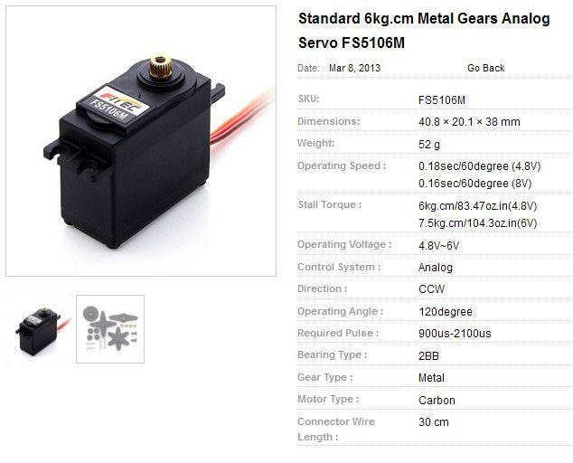 Feetech Standard 6kg Metal Gear Analog Servo FS5106M for high speed rc bait boat