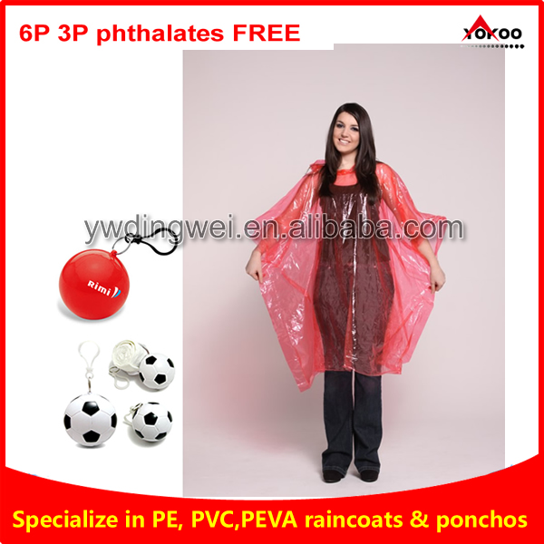 cheap pe disposable rain poncho with keychain ball for promotion