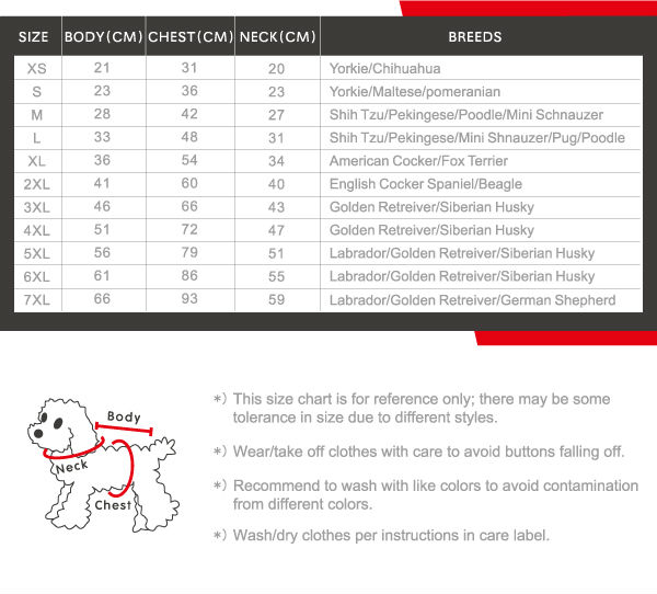 Dog Clothes Size Chart