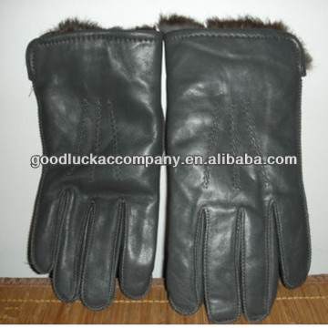Vintage Mens Dark Gray Leather Gloves With Real Rabbit Fur Lining