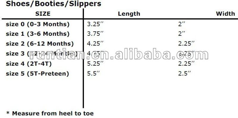 Baby Bootie Size Chart