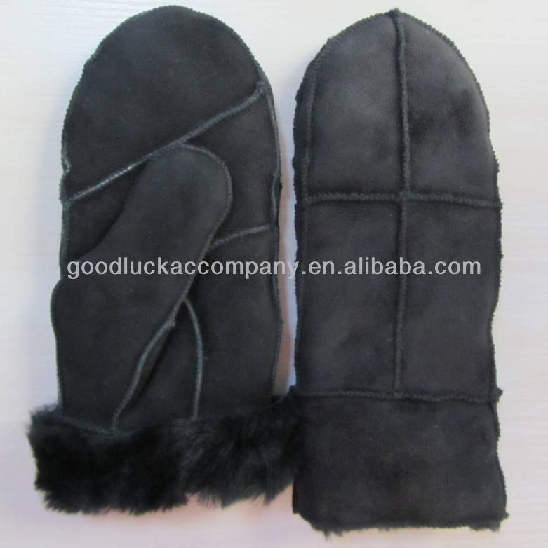 Fashion Lady Leather Mitten Gloves with suede and fake fur lining
