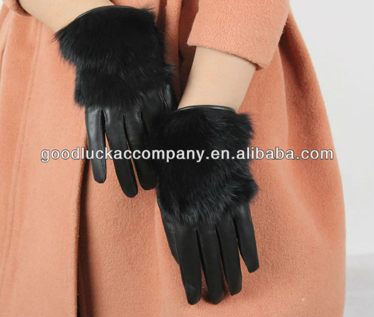 Lady warm leather gloves with rabbit fur lined