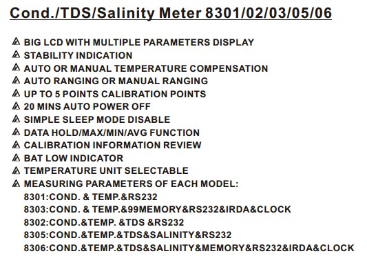 AZ8306 Conductivity Meter Multi Display Conductivity / TDS / Salt and Temp Automatic Temperature Compensation