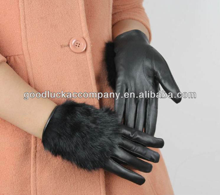 Lady warm leather gloves with rabbit fur lined