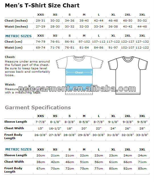 Mens Slim Fit T Shirt Size Chart