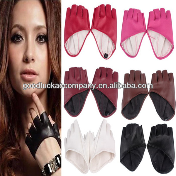 Fashion PU Half Finger Lady Leather Gloves Lady's Fingerless Driving Show Gloves