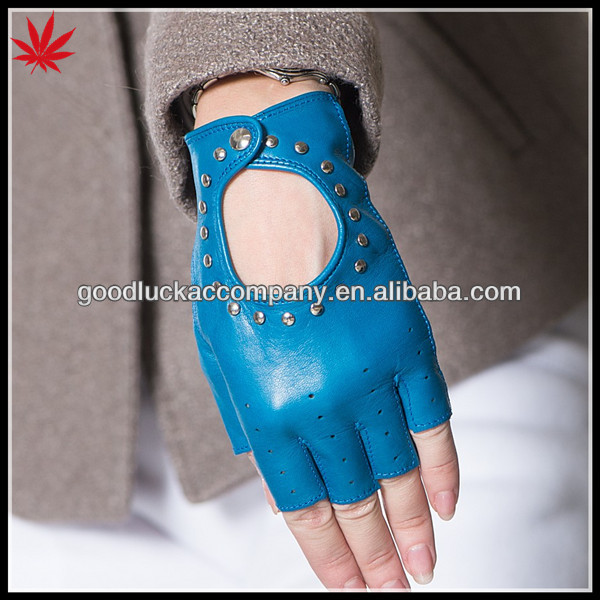 Navy studded fingerless driving leather gloves women