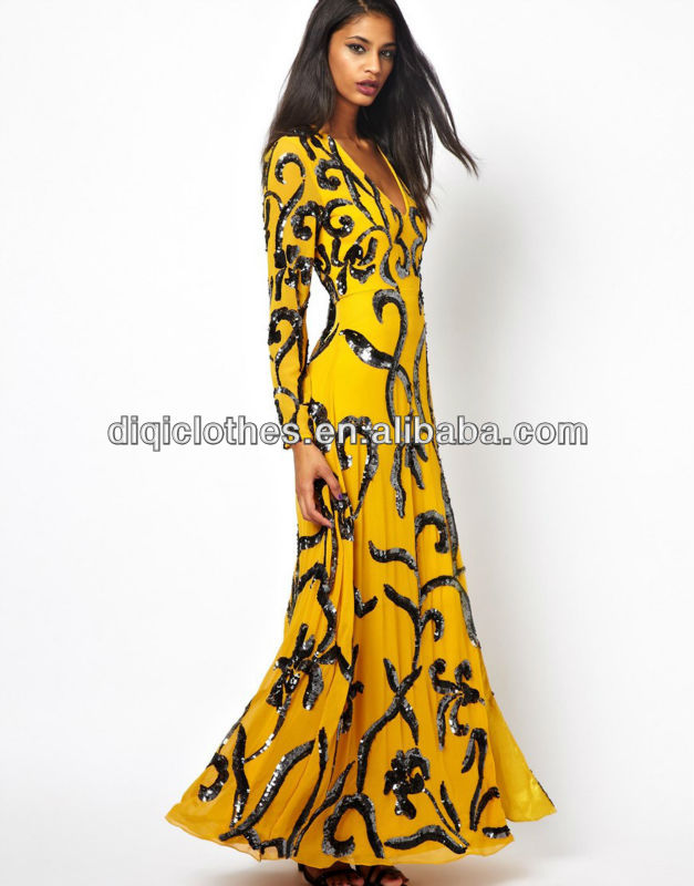 Long Sleeve Maxi Dress Sequin DressYellow Party Dress With High ...