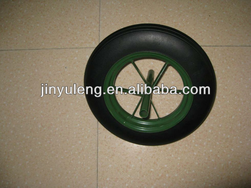Free patten 14 inches Green PU solid wheel , for wheelbarrow ,hand trolley , tool cart