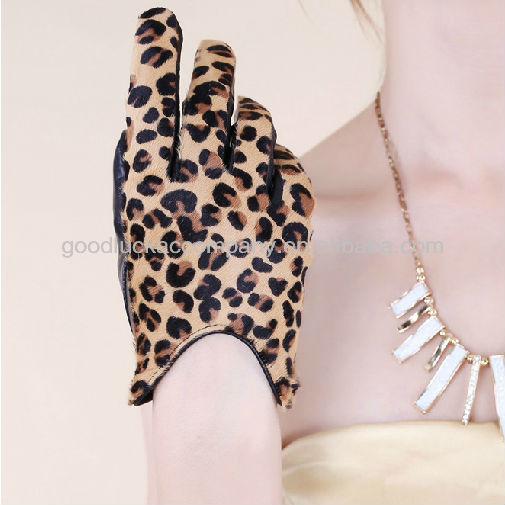Fashion Leopard Short Women's Driving Leather Gloves with horse fur cuff