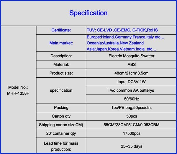 mosquito bat battery specification