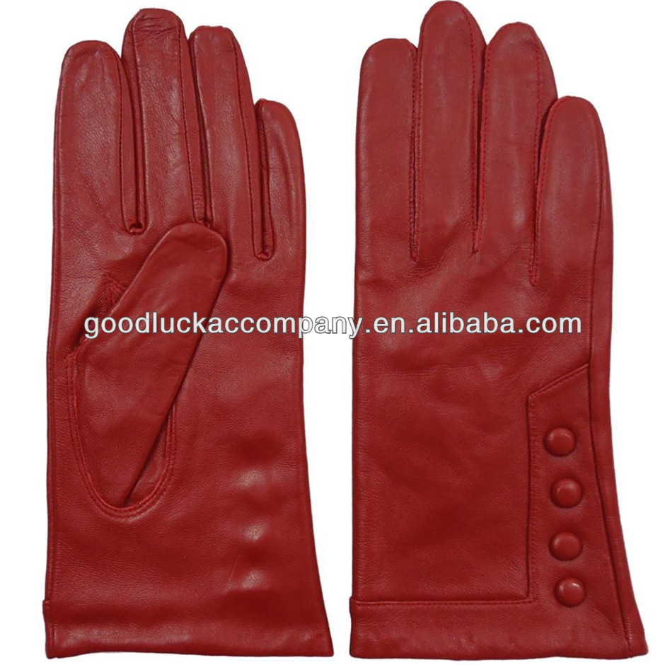 China red womens leather gloves with buttons driving style
