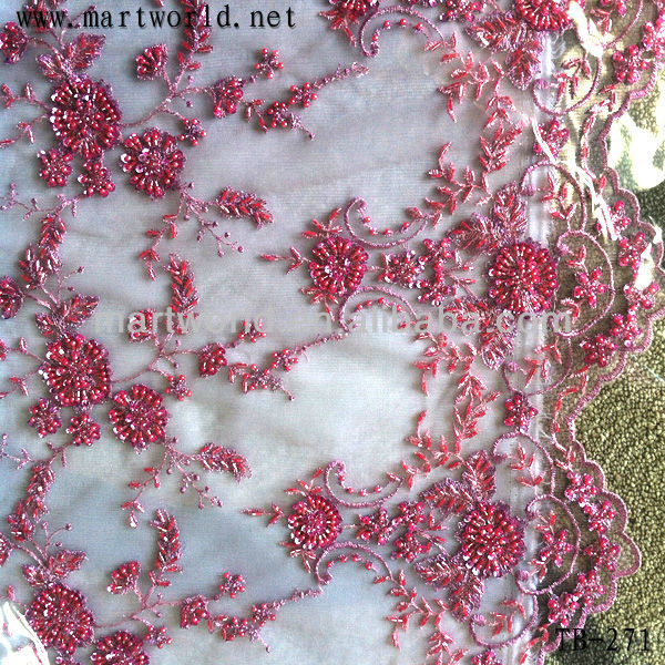 Wonderbaar Chinese Rode Bloem Borduren Ontwerp Kralen Bridal Lace Stoffen (tb NX-57