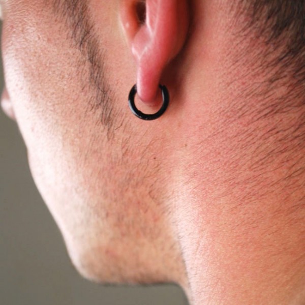 Fashionable Plain Black Stainless Steel Men's Hinged Hoop Earrings New