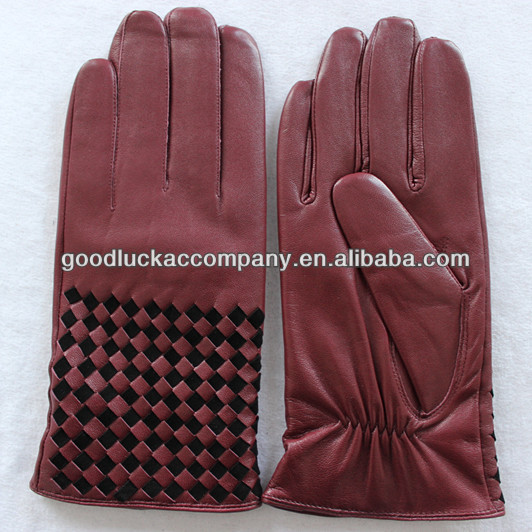 Men's designer red wearing leather gloves with black weaving at back