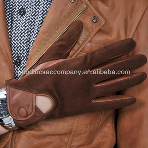 Fashion Men's Driving Leather Gloves with knitted holes suede back