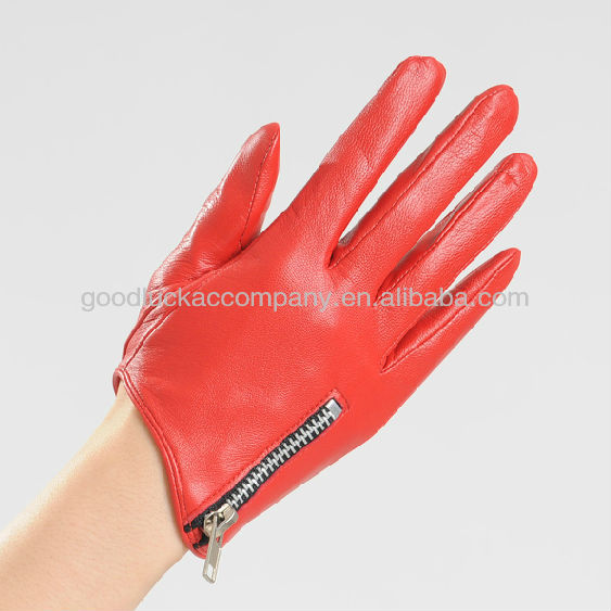 Fashion Red Short Women's Driving Leather Gloves with chain on the cuff
