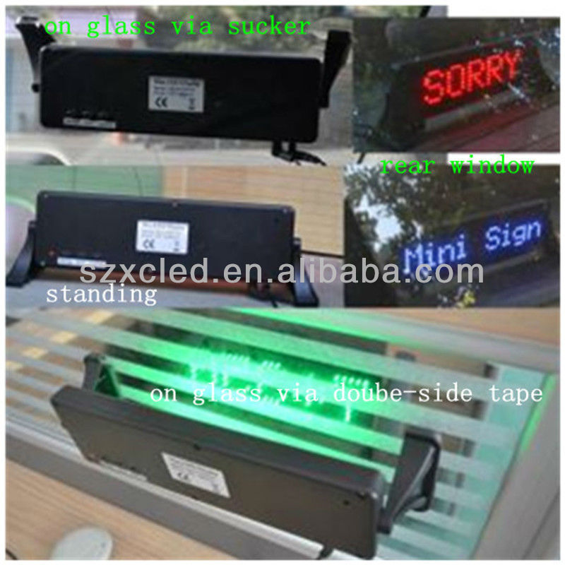 12V+Black plastic frame+ Remote control&PC sofoware communication+ Semi-outdoor+Front&rear window+ LED mini car message display