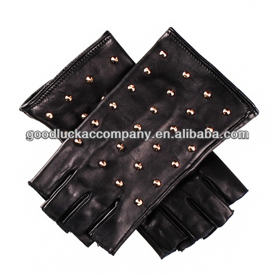 Ladies black fashion fingerless leather gloves with gold studs